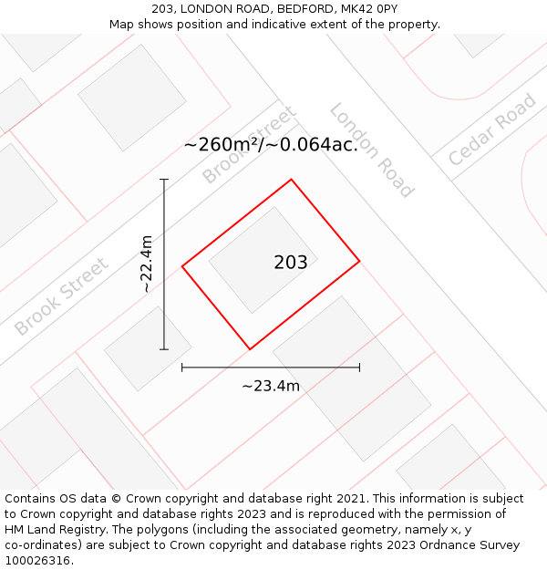 203, LONDON ROAD, BEDFORD, MK42 0PY: Plot and title map