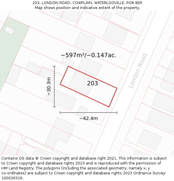 203, LONDON ROAD, COWPLAIN, WATERLOOVILLE, PO8 8ER: Plot and title map