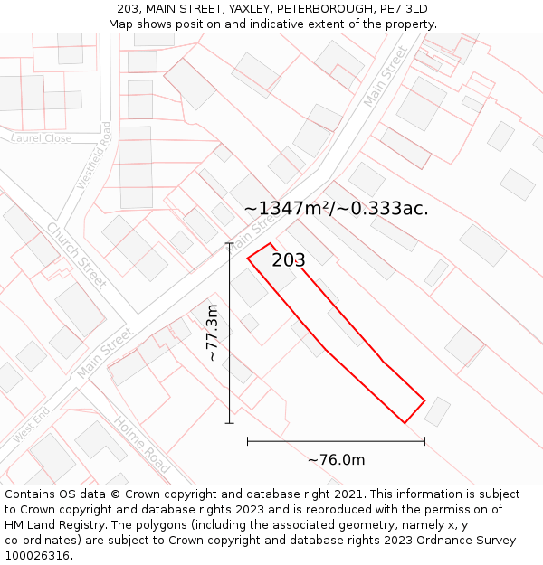 203, MAIN STREET, YAXLEY, PETERBOROUGH, PE7 3LD: Plot and title map
