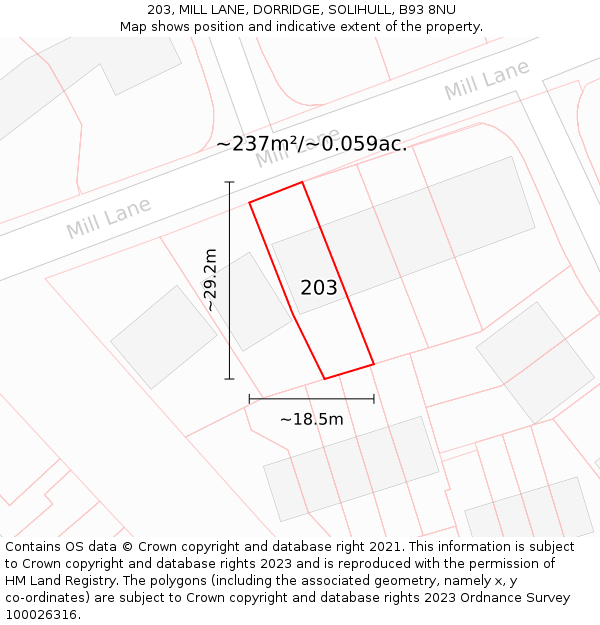 203, MILL LANE, DORRIDGE, SOLIHULL, B93 8NU: Plot and title map