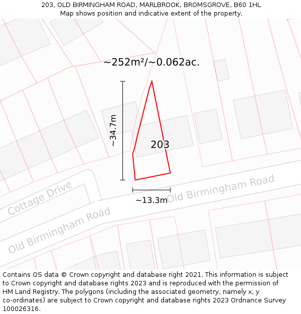 203, OLD BIRMINGHAM ROAD, MARLBROOK, BROMSGROVE, B60 1HL: Plot and title map