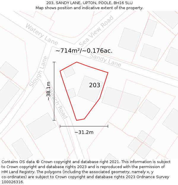 203, SANDY LANE, UPTON, POOLE, BH16 5LU: Plot and title map