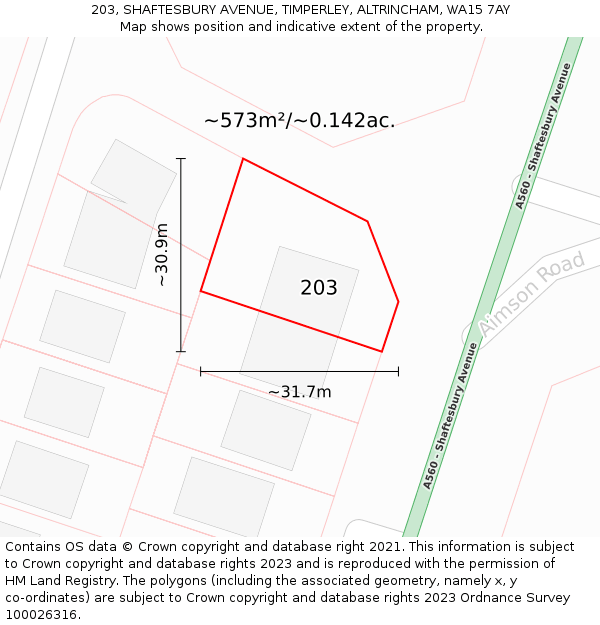 203, SHAFTESBURY AVENUE, TIMPERLEY, ALTRINCHAM, WA15 7AY: Plot and title map