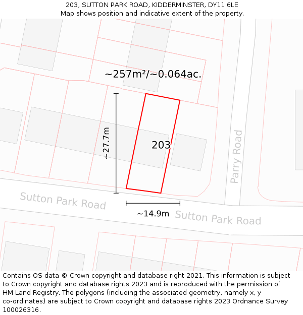 203, SUTTON PARK ROAD, KIDDERMINSTER, DY11 6LE: Plot and title map