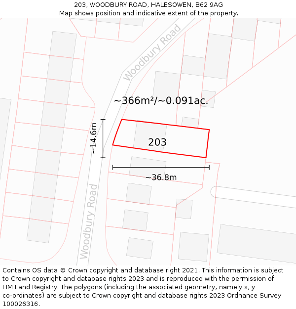 203, WOODBURY ROAD, HALESOWEN, B62 9AG: Plot and title map