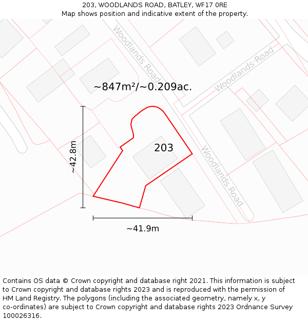 203, WOODLANDS ROAD, BATLEY, WF17 0RE: Plot and title map