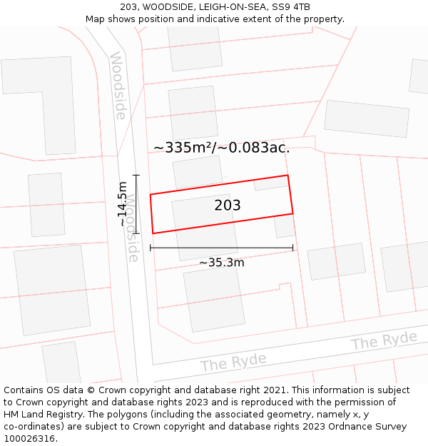 203, WOODSIDE, LEIGH-ON-SEA, SS9 4TB: Plot and title map