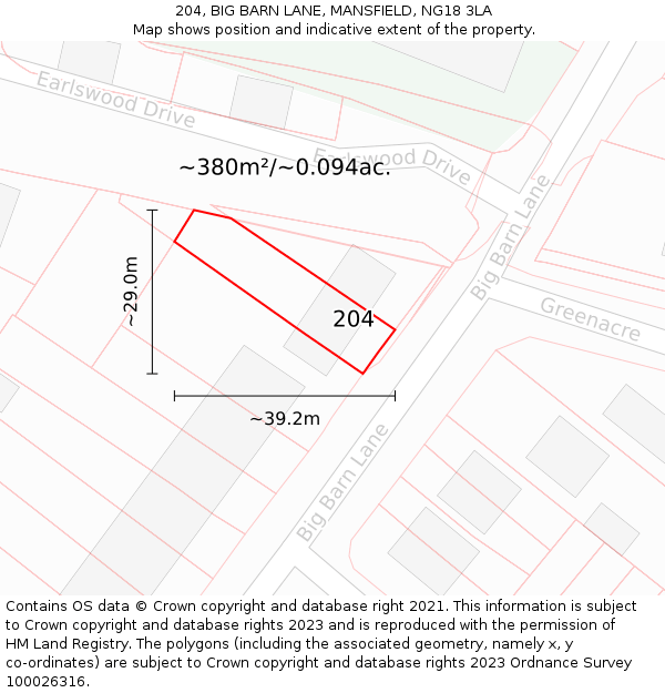 204, BIG BARN LANE, MANSFIELD, NG18 3LA: Plot and title map