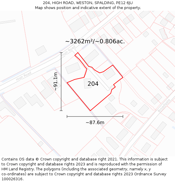 204, HIGH ROAD, WESTON, SPALDING, PE12 6JU: Plot and title map