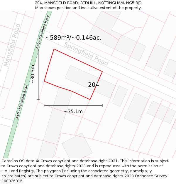204, MANSFIELD ROAD, REDHILL, NOTTINGHAM, NG5 8JD: Plot and title map