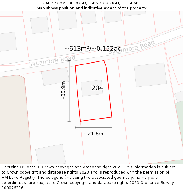 204, SYCAMORE ROAD, FARNBOROUGH, GU14 6RH: Plot and title map