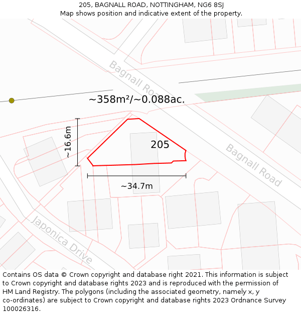 205, BAGNALL ROAD, NOTTINGHAM, NG6 8SJ: Plot and title map