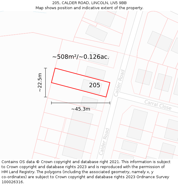 205, CALDER ROAD, LINCOLN, LN5 9BB: Plot and title map