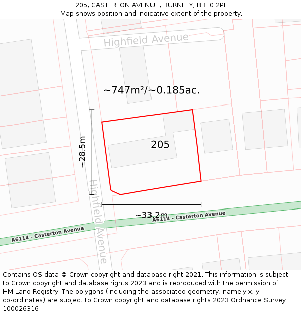 205, CASTERTON AVENUE, BURNLEY, BB10 2PF: Plot and title map