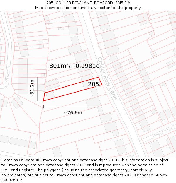 205, COLLIER ROW LANE, ROMFORD, RM5 3JA: Plot and title map