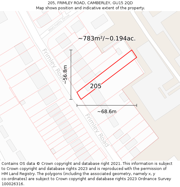 205, FRIMLEY ROAD, CAMBERLEY, GU15 2QD: Plot and title map