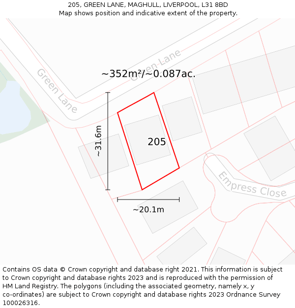 205, GREEN LANE, MAGHULL, LIVERPOOL, L31 8BD: Plot and title map