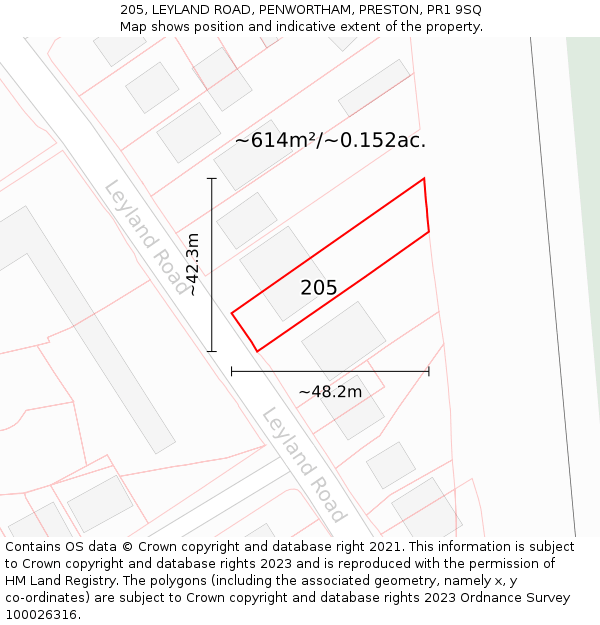 205, LEYLAND ROAD, PENWORTHAM, PRESTON, PR1 9SQ: Plot and title map