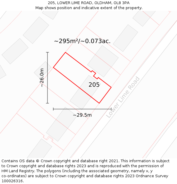 205, LOWER LIME ROAD, OLDHAM, OL8 3PA: Plot and title map