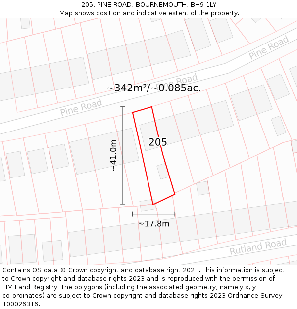 205, PINE ROAD, BOURNEMOUTH, BH9 1LY: Plot and title map