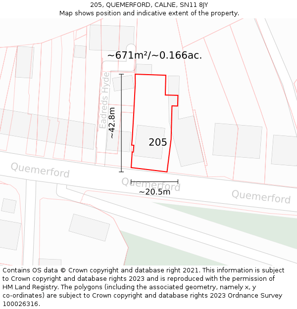 205, QUEMERFORD, CALNE, SN11 8JY: Plot and title map