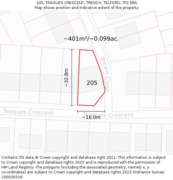 205, TEAGUES CRESCENT, TRENCH, TELFORD, TF2 6RA: Plot and title map