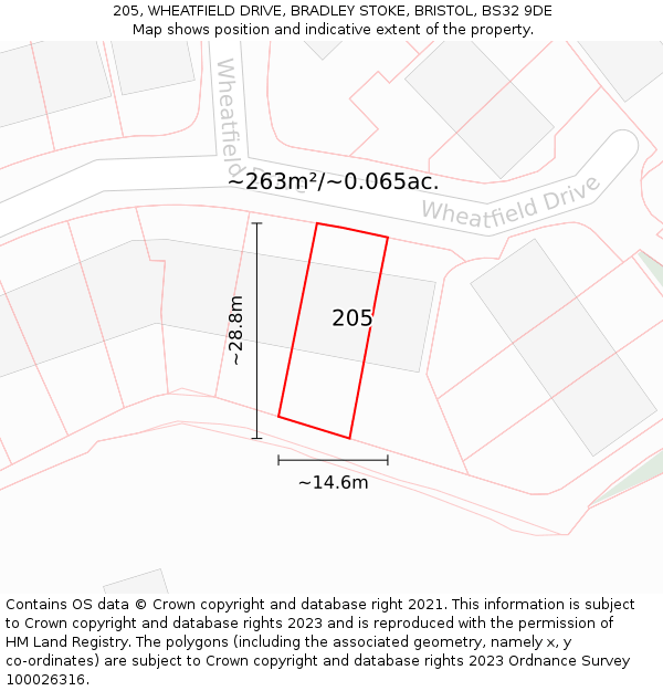 205, WHEATFIELD DRIVE, BRADLEY STOKE, BRISTOL, BS32 9DE: Plot and title map