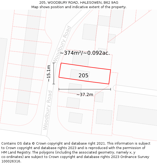 205, WOODBURY ROAD, HALESOWEN, B62 9AG: Plot and title map