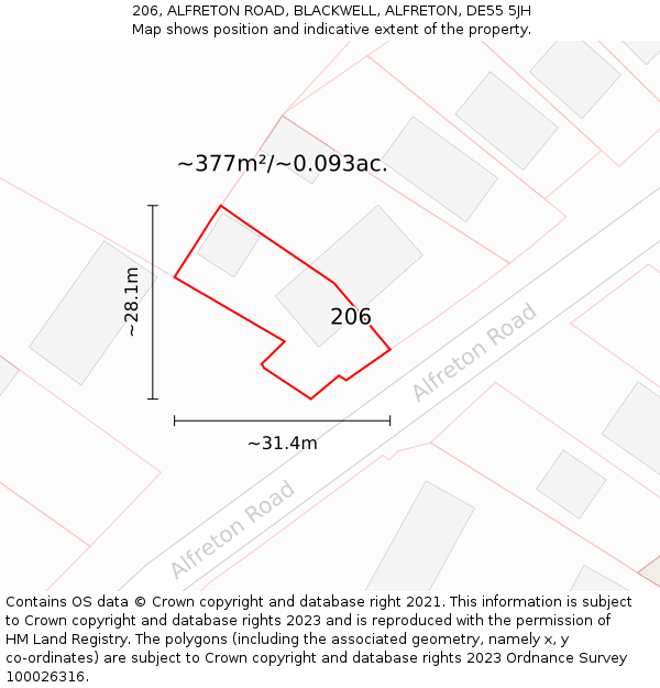 206, ALFRETON ROAD, BLACKWELL, ALFRETON, DE55 5JH: Plot and title map