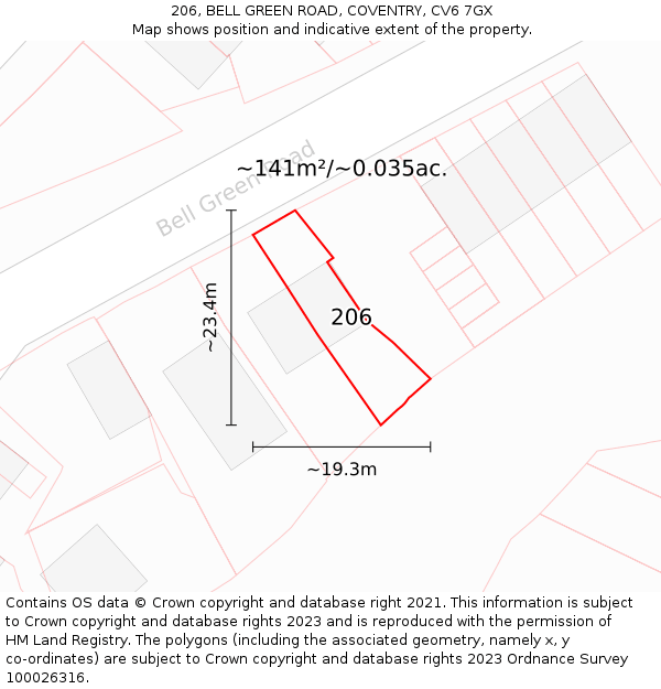 206, BELL GREEN ROAD, COVENTRY, CV6 7GX: Plot and title map