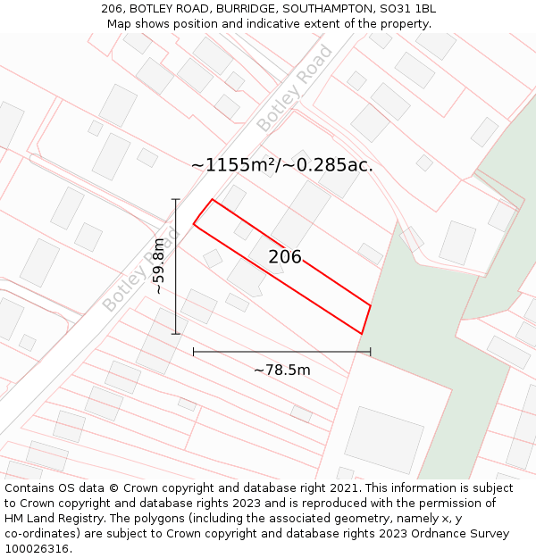 206, BOTLEY ROAD, BURRIDGE, SOUTHAMPTON, SO31 1BL: Plot and title map