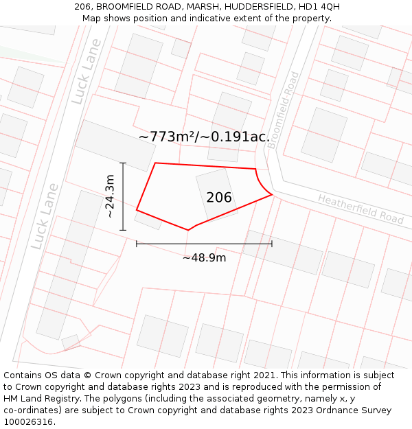 206, BROOMFIELD ROAD, MARSH, HUDDERSFIELD, HD1 4QH: Plot and title map