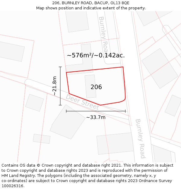 206, BURNLEY ROAD, BACUP, OL13 8QE: Plot and title map