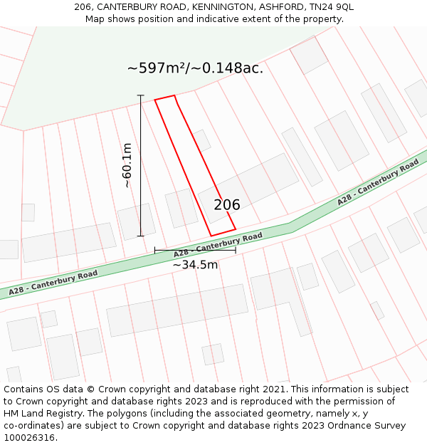 206, CANTERBURY ROAD, KENNINGTON, ASHFORD, TN24 9QL: Plot and title map