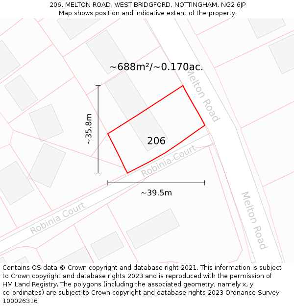 206, MELTON ROAD, WEST BRIDGFORD, NOTTINGHAM, NG2 6JP: Plot and title map