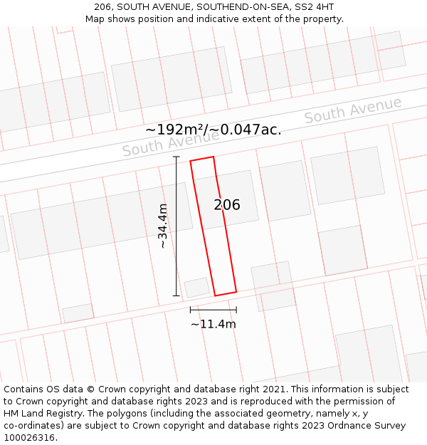 206, SOUTH AVENUE, SOUTHEND-ON-SEA, SS2 4HT: Plot and title map