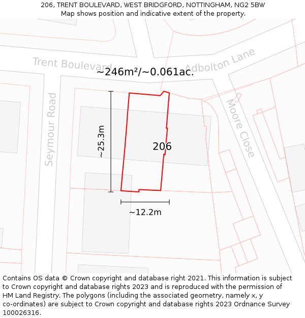 206, TRENT BOULEVARD, WEST BRIDGFORD, NOTTINGHAM, NG2 5BW: Plot and title map