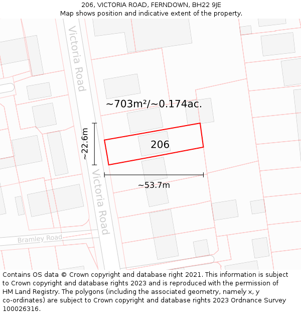 206, VICTORIA ROAD, FERNDOWN, BH22 9JE: Plot and title map
