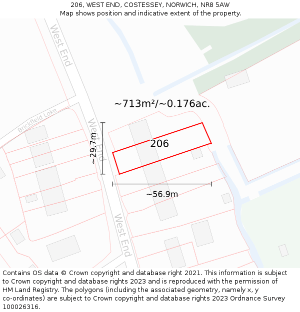 206, WEST END, COSTESSEY, NORWICH, NR8 5AW: Plot and title map