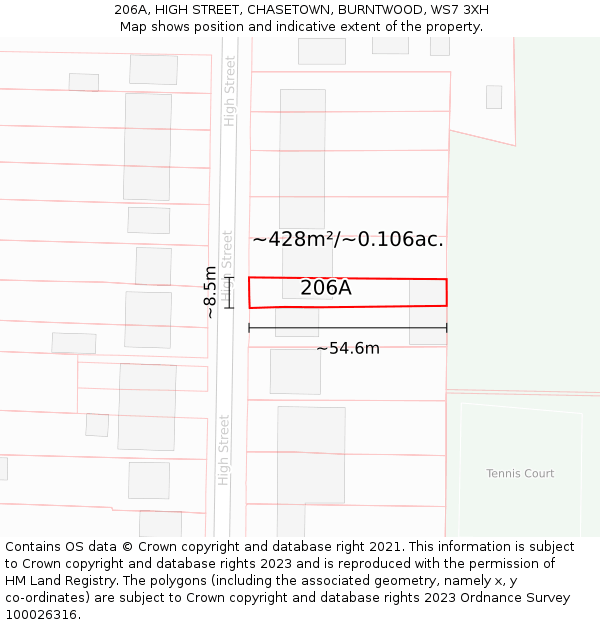 206A, HIGH STREET, CHASETOWN, BURNTWOOD, WS7 3XH: Plot and title map