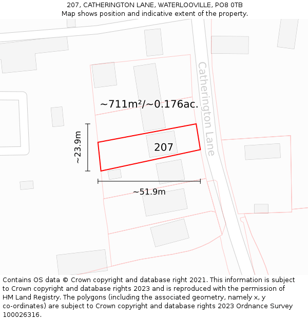 207, CATHERINGTON LANE, WATERLOOVILLE, PO8 0TB: Plot and title map