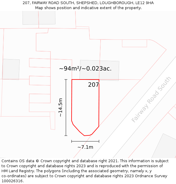 207, FAIRWAY ROAD SOUTH, SHEPSHED, LOUGHBOROUGH, LE12 9HA: Plot and title map
