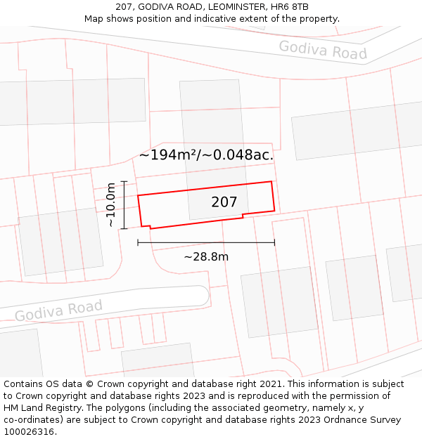 207, GODIVA ROAD, LEOMINSTER, HR6 8TB: Plot and title map