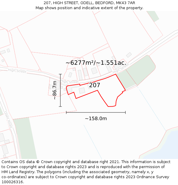 207, HIGH STREET, ODELL, BEDFORD, MK43 7AR: Plot and title map