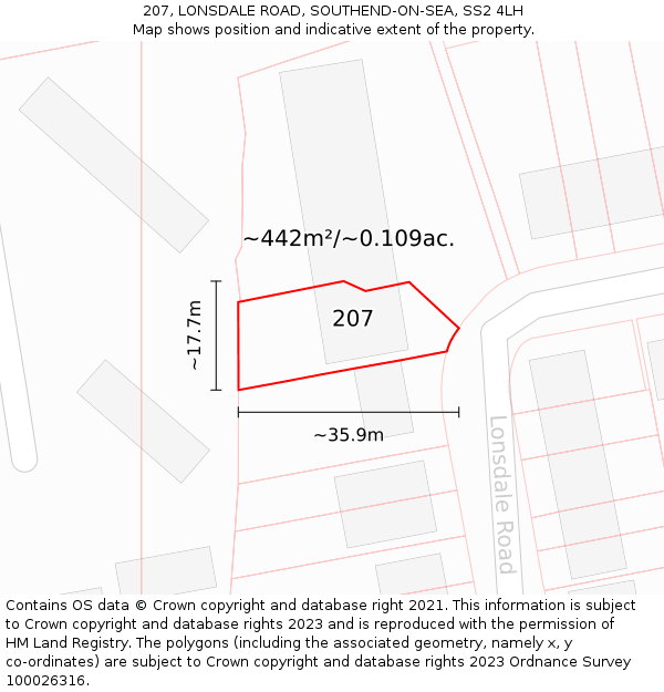 207, LONSDALE ROAD, SOUTHEND-ON-SEA, SS2 4LH: Plot and title map