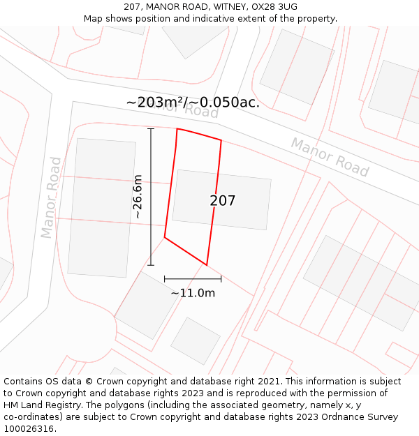 207, MANOR ROAD, WITNEY, OX28 3UG: Plot and title map