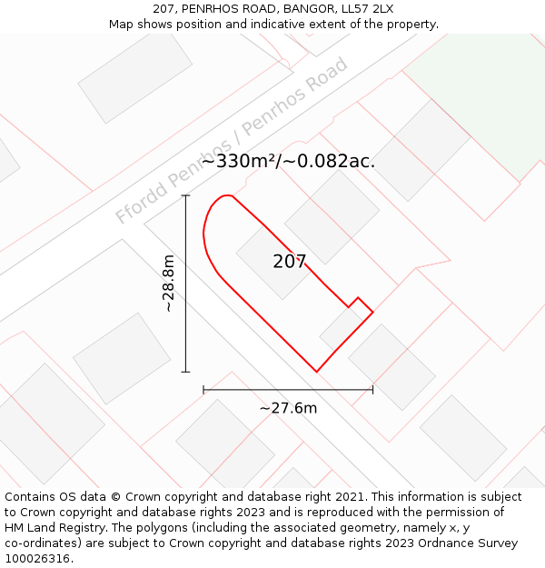 207, PENRHOS ROAD, BANGOR, LL57 2LX: Plot and title map