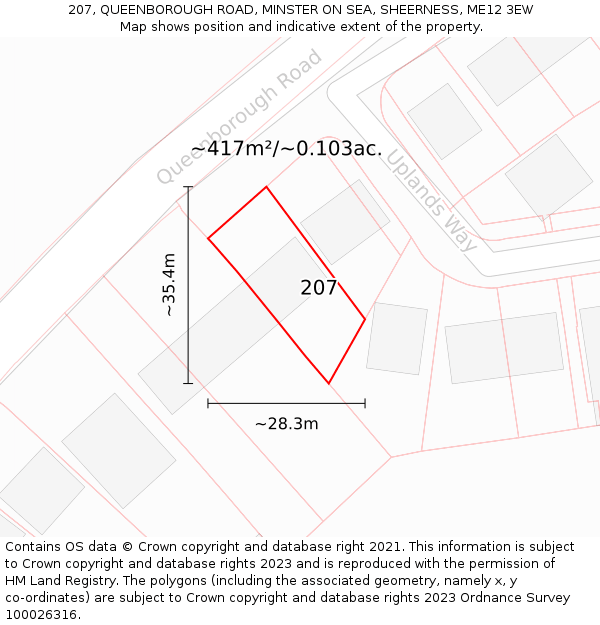 207, QUEENBOROUGH ROAD, MINSTER ON SEA, SHEERNESS, ME12 3EW: Plot and title map