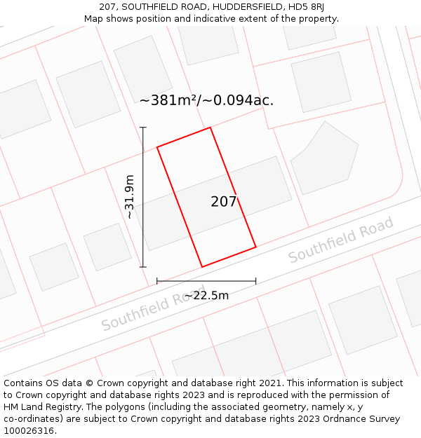 207, SOUTHFIELD ROAD, HUDDERSFIELD, HD5 8RJ: Plot and title map