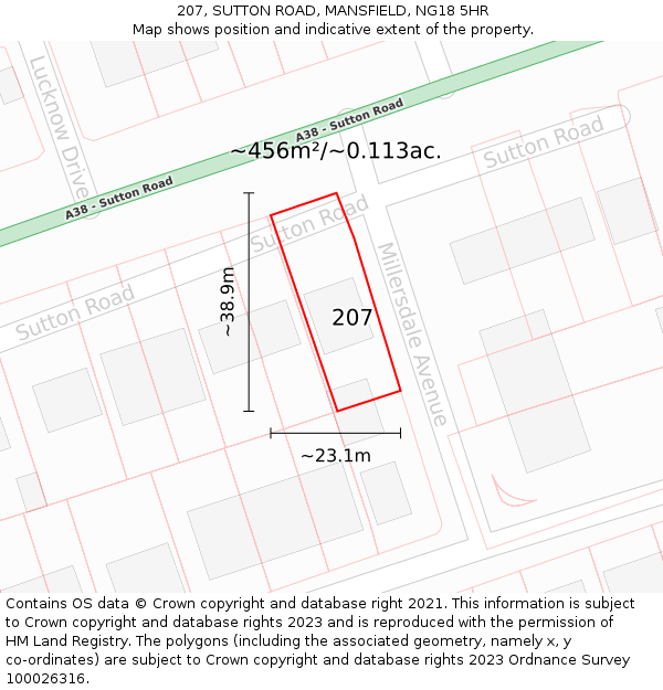 207, SUTTON ROAD, MANSFIELD, NG18 5HR: Plot and title map